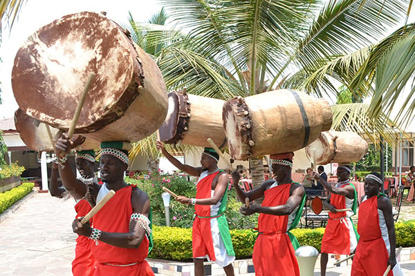 Burundian drummers playing drums on their heads