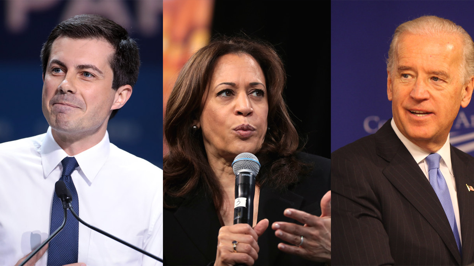 2020 Democratic presidential candidates Pete Buttegieg, Kamala Harris, and Joe Biden